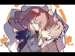 Rule 34 | 1boy, 1girl, animal ear fluff, animal ears, arknights, ascot, black jacket, blush, breasts, brown hair, candy, cat boy, cat ears, closed eyes, closed mouth, couple, doctor (arknights), female doctor (arknights), food, hand on another&#039;s back, happy, hetero, highres, holding, holding candy, holding food, holding lollipop, jacket, lifting another&#039;s clothes, lollipop, looking at another, medium breasts, open mouth, phantom (arknights), rhodes island logo (arknights), saucer (saucer752), short hair, smile, upper body, wavy hair, white ascot, white background, yellow eyes