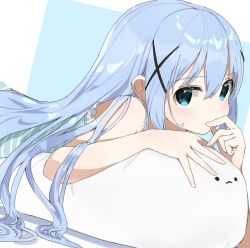 Rule 34 | 1girl, bare arms, bare shoulders, blue background, blue eyes, blue hair, blush, covered mouth, dress, frilled dress, frills, gochuumon wa usagi desu ka?, hair between eyes, hair ornament, highres, houjichaoic, kafuu chino, long hair, looking at viewer, lying, on stomach, sleeveless, sleeveless dress, solo, striped clothes, striped dress, two-tone background, upper body, very long hair, white background, x hair ornament