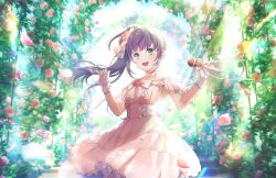 Rule 34 | 1girl, :d, arch, collarbone, dress, dress flower, falling petals, floral arch, flower, game cg, gloves, green eyes, hair flower, hair ornament, halter dress, halterneck, highres, holding, holding microphone, lace, lace-trimmed dress, lace-trimmed hair ornament, lace trim, lace wrist cuffs, lens flare, lens flare abuse, link! like! love live!, lone nape hair, long hair, looking at viewer, love live!, microphone, off-shoulder dress, off shoulder, official art, open mouth, otomune kozue, petals, pink flower, pink petals, pink rose, purple hair, rose, side ponytail, sidelocks, single wrist cuff, smile, solo, teeth, third-party source, upper teeth only, virtual youtuber, white gloves, wrist cuffs