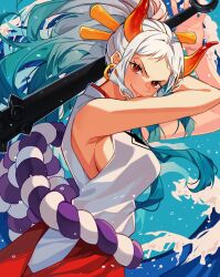 Rule 34 | 1girl, aqua hair, club, club (weapon), commentary request, cowboy shot, earrings, eyelashes, hair ornament, hakama, highres, holding, holding weapon, horns, japanese clothes, jewelry, kanabou, kimono, kurage20001, looking at viewer, multicolored hair, one piece, ponytail, red hakama, red horns, rope, shimenawa, sidelocks, sleeveless, sleeveless kimono, smile, solo, water, weapon, white hair, white kimono, yamato (one piece)