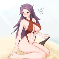 Rule 34 | 1girl, absurdres, blush, bottle, breasts, dated, full body, highres, jun&#039;you (kancolle), kantai collection, large breasts, long hair, looking at viewer, magatama, maru (marg0613), nose blush, one-piece swimsuit, purple eyes, purple hair, red one-piece swimsuit, sand, simple background, sitting, slingshot swimsuit, solo, spiked hair, swimsuit, twitter username, wariza, white background