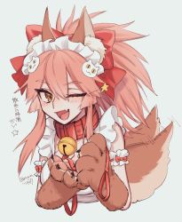 Rule 34 | 1girl, animal collar, animal ear fluff, animal ears, animal hands, apron, arm garter, artist name, bell, bow, breasts, cat hair ornament, cleavage, collar, commentary request, cropped torso, fang, fate/grand order, fate (series), fox ears, fox girl, fox tail, frilled apron, frilled sleeves, frills, hair between eyes, hair bow, hair ornament, highres, holding, holding leash, jingle bell, koyuki suzu, large breasts, leash, light blush, long hair, looking at viewer, looking to the side, maid headdress, motion lines, naked apron, neck bell, one eye closed, open mouth, pink hair, ponytail, red bow, red collar, ringed eyes, sidelocks, simple background, skin fang, slit pupils, smile, solo, star (symbol), tail, tail wagging, tamamo (fate), tamamo cat (fate), tamamo cat (third ascension) (fate), tongue, translation request, twitter username, upper body, white background, yellow eyes