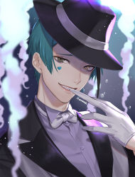 Rule 34 | 1boy, air bubble, artist name, biting, blue hair, bow, bowtie, bubble, collared shirt, dress shirt, eyeliner, fedora, formal, glove biting, gloves, hat, highres, inanome me, jade leech, makeup, making-of available, male focus, sharp teeth, shirt, signature, solo, teeth, tuxedo, twisted wonderland, white bow, white bowtie, white gloves, yellow eyes