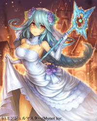 Rule 34 | 1girl, angelmaster, arm up, armpits, bare shoulders, blue hair, braid, breasts, bridal veil, building, castle, cleavage, company name, copyright name, dress, elbow gloves, fire, flower, gloves, glowing, hair between eyes, hair flower, hair ornament, holding, holding wand, holding weapon, leaf, long hair, looking at viewer, official art, saltydanshark, single braid, skirt hold, smoke, solo, veil, very long hair, wand, weapon, wedding dress, white gloves, yellow eyes