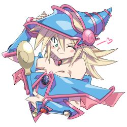 Rule 34 | 1girl, bare shoulders, blonde hair, blue hat, blush stickers, breasts, cleavage, dark magician girl, duel monster, green eyes, hat, heart, highres, holding, holding wand, medium breasts, misaka (missa), one eye closed, pentacle, solo, upper body, wand, white background, wizard hat, yu-gi-oh!