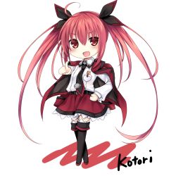 Rule 34 | 10s, 1girl, character name, chibi, date a live, itsuka kotori, kaguyuu, long hair, looking at viewer, necktie, open mouth, pointing, red eyes, red hair, school uniform, simple background, skirt, smile, solo, thighhighs, twintails, white background, zettai ryouiki