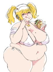 Rule 34 | 1girl, belly, bikini, blonde hair, breasts, cleavage, closed eyes, fat, headphones, huge breasts, smile, solo, super pochaco, swimsuit, thick thighs, thighs, tongue, tongue out, twintails