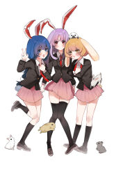 Rule 34 | 3girls, :d, absurdres, animal, animal ears, animal on head, black jacket, black thighhighs, blazer, blonde hair, blue eyes, blush, closed mouth, collared shirt, floppy ears, full body, highres, iwakoo, jacket, kneehighs, knees together feet apart, loafers, locked arms, long hair, long sleeves, looking at viewer, matching outfits, multiple girls, necktie, on head, open mouth, pink skirt, plaid, plaid skirt, purple hair, rabbit, rabbit ears, rabbit girl, rabbit on head, rabbit tail, red eyes, red necktie, reisen udongein inaba, ringo (touhou), seiran (touhou), shirt, shoes, short hair, simple background, skirt, smile, socks, tail, thigh gap, thighhighs, tie clip, too many, too many rabbits, touhou, undone necktie, white background, white shirt, yellow eyes