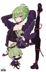 Rule 34 | 1girl, arms up, black pants, black shirt, breasts, chibi, cleavage, commentary, crop top, flower, genshin impact, green hair, hair tie in mouth, jacket, kiperr, kuki shinobu, leg up, looking at viewer, medium breasts, midriff, mouth hold, multiple views, open clothes, open jacket, pants, purple eyes, purple flower, purple jacket, shirt, shoes, short hair, simple background, sneakers, white background