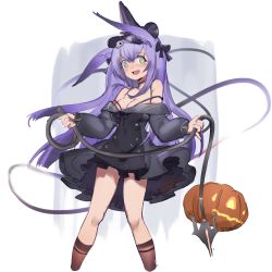 Rule 34 | 1girl, :d, animal ears, arknights, breasts, cleavage, cropped legs, dress, green eyes, halloween, hat, highres, jack-o&#039;-lantern, long hair, long sleeves, looking at viewer, medium breasts, nemo (leafnight), off-shoulder dress, off shoulder, official alternate costume, open mouth, purple hair, rabbit ears, rope (arknights), simple background, skindentation, smile, solo, wavy mouth, whip, white background, witch hat