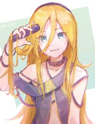 Rule 34 | 1girl, aqua nails, belt collar, black shirt, blonde hair, blue eyes, bracelet, collar, commentary, hand up, highres, holding, holding microphone, jewelry, lily (vocaloid), long hair, looking at viewer, mi no take, microphone, nail polish, navel, open mouth, shirt, smile, solo, sweat, twitter username, upper body, very long hair, vocaloid