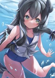 Rule 34 | 1girl, absurdres, artist name, bare arms, bare legs, bare shoulders, barefoot, black hair, blue one-piece swimsuit, blush, closed mouth, collarbone, dated, green eyes, grey neckerchief, hair between eyes, headgear, highres, i-47 (kancolle), kantai collection, long hair, mashiro yukiya, neckerchief, one-piece swimsuit, sailor collar, sailor shirt, school swimsuit, shirt, sidelocks, signature, sleeveless, sleeveless shirt, solo, swimsuit, white sailor collar