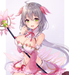 Rule 34 | 1girl, ahoge, bare shoulders, blush, breasts, cleavage, commentary request, detached sleeves, flower knight girl, frilled sleeves, frills, green eyes, grey background, grey hair, hair between eyes, hair ornament, hair ribbon, highres, holding, holding staff, large breasts, long hair, looking at viewer, navel, open mouth, pink ribbon, pink skirt, pink sleeves, piyoyanagi, ribbon, skirt, smile, solo, staff, teeth, translation request, upper teeth only