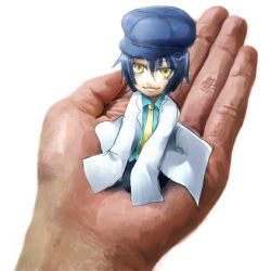 Rule 34 | 1girl, androgynous, atlus, blue hair, cabbie hat, harald, hat, in palm, kneeling, lab coat, mini person, minigirl, necktie, negi hei, oversized clothes, persona, persona 4, reverse trap, shadow (persona), shirogane naoto, short hair, smile, solo, solo focus, yellow eyes