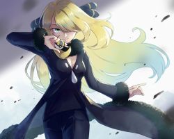 Rule 34 | 1girl, black coat, black pants, black shirt, blonde hair, breasts, cleavage, closed mouth, coat, commentary request, creatures (company), cynthia (pokemon), floating hair, fur-trimmed coat, fur-trimmed sleeves, fur collar, fur trim, game freak, green eyes, hair ornament, hair over one eye, highres, holding, holding poke ball, long hair, long sleeves, looking at viewer, medium breasts, nintendo, one eye covered, pants, peron (niki2ki884), poke ball, pokemon, pokemon dppt, shirt, smile, solo, twitter username, ultra ball, upper body