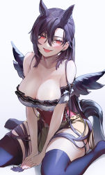 Rule 34 | 1girl, animal ears, black hair, black thighhighs, black wings, blush, breasts, brown skirt, cleavage, commentary, duplicate, ear piercing, extra ears, hair between eyes, highres, horse ears, horse tail, kurokoma saki, large breasts, long hair, open mouth, pegasus wings, piercing, pixel-perfect duplicate, red eyes, shirt, short sleeves, sitting, skirt, smile, solo, symbol-only commentary, syuri22, tail, thighhighs, tongue, tongue out, touhou, wariza, white shirt, wings