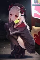 Rule 34 | 1girl, nanashi inc., black footwear, black headwear, black jacket, black ribbon, black skirt, black thighhighs, boots, bottle, breasts, cleavage, cone hair bun, demon girl, demon horns, demon tail, from side, grey hair, hair bun, high heels, highres, holding, holding bottle, honey strap, horns, jacket, large breasts, long hair, long sleeves, looking at viewer, miniskirt, multicolored hair, night, outdoors, parted lips, pink hair, plastic bottle, platform footwear, pleated skirt, pointy ears, red eyes, red shirt, ribbon, shirt, skindentation, skirt, sleeves past fingers, sleeves past wrists, snowing, solo, squatting, suou patra, tail, thighhighs, thighs, toramaru (toramal9831), vending machine, virtual youtuber