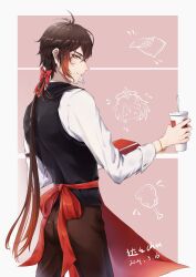 Rule 34 | apron, chenzcy, drink, genshin impact, hair ribbon, highres, holding, holding drink, kfc, looking at viewer, paimon (genshin impact), red apron, red hair bow, red ribbon, ribbon, zhongli (genshin impact)