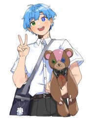 Rule 34 | 1boy, bag, bag charm, black bag, black pants, blue hair, borrowed character, charm (object), collared shirt, commentary request, cropped legs, green eyes, hands up, head tilt, highres, holding, holding stuffed toy, looking at viewer, male focus, open mouth, original, pants, rra (yj), school uniform, shirt, short hair, short sleeves, shoulder bag, simple background, solo, stuffed animal, stuffed toy, teddy bear, v, very short hair, white background, white shirt