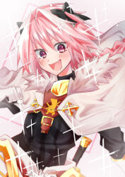 Rule 34 | 1boy, archived source, armored skirt, astolfo (fate), bad id, black bow, black shirt, blush, bow, braid, cape, clenched hand, fang, fate/apocrypha, fate (series), fur-trimmed cape, fur trim, hair bow, hair intakes, highres, long braid, long hair, male focus, multicolored hair, open mouth, pink hair, purple eyes, sero (rssn132), shirt, simple background, single braid, skin fang, smile, solo, sparkle, streaked hair, sword, trap, two-tone hair, upper body, weapon, white background, white cape, white hair
