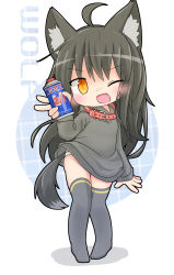 Rule 34 | &gt;;d, 1girl, ;d, animal collar, animal ears, black hair, black hoodie, blue background, collar, english text, fang, full body, grey thighhighs, highres, hood, hood down, hoodie, long hair, long sleeves, mikeya hiyori, naked hoodie, no pants, one eye closed, open mouth, original, panties, simple background, smile, solo, spray can, tail, thighhighs, two-tone background, underwear, v, v-shaped eyebrows, white background, white panties, wolf ears, wolf tail