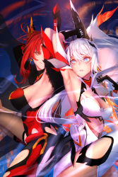 Rule 34 | 2girls, arm up, armored leotard, armpits, back-to-back, bare shoulders, blue eyes, boots, breasts, butt crack, cleavage, closed mouth, dashover, earrings, fire, forehead, fur collar, highres, holding, holding sword, holding weapon, honkai (series), honkai impact 3rd, jewelry, kiana kaslana, kiana kaslana (herrscher of flamescion), long hair, multiple girls, murata himeko, murata himeko (vermillion knight), open clothes, ponytail, red hair, sideboob, sleeveless, smile, sword, teeth, thigh boots, thighhighs, weapon, white footwear, white hair, yellow eyes