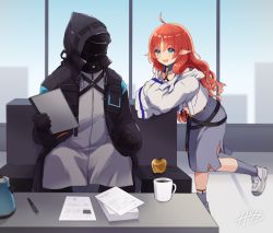 Rule 34 | 1girl, 1other, :d, ahoge, ambiguous gender, apple, arknights, black coat, black gloves, blue eyes, blue legwear, blue skirt, coat, coffee mug, couch, cup, doctor (arknights), ear piercing, food, fruit, gloves, golden apple, highres, holding, hood, hood up, hooded coat, indoors, jacket, kettle, leaning on object, long hair, long sleeves, mask, mug, myrtle (arknights), nanatsuka, open clothes, open coat, open mouth, paper stack, pen, piercing, pointy ears, red hair, shoes, signature, sitting, skirt, smile, socks, standing, standing on one leg, wavy hair, white footwear, white jacket, window