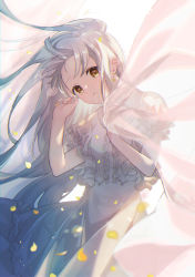 Rule 34 | 1girl, absurdres, adjusting hair, arms up, brown eyes, closed mouth, cowboy shot, dress, earrings, frilled dress, frills, highres, holding, huge filesize, jewelry, long hair, omutatsu, original, petals, pulling own clothes, pulling, ring, silver hair, simple background, white background, white dress