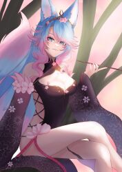 Rule 34 | 1girl, absurdres, animal ears, black kimono, black sleeves, blue eyes, blue hair, blue tail, breasts, cherry blossom print, cherry blossoms, cleavage, cleavage cutout, clothing cutout, crossed legs, floral print, gradient hair, gradient tail, highres, hip vent, indie virtual youtuber, japanese clothes, kimono, large breasts, looking at viewer, multicolored hair, pink hair, pink tail, shunnn0, sidelocks, silvervale, silvervale (sakura goddess), swept bangs, tail, virtual youtuber, wolf ears, wolf girl, wolf tail