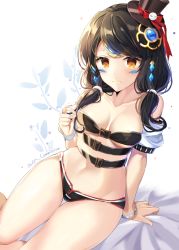 Rule 34 | 1girl, alternate hair color, alternate hairstyle, bad id, bad pixiv id, black bra, black hair, black hat, black panties, bow, bra, breasts, cleavage, commission, elsword, eve (elsword), facial mark, forehead jewel, hat, hat bow, mini hat, mini top hat, panties, pinb, red bow, short hair, sitting, solo, swept bangs, tattoo, top hat, twintails, underwear, white background, yellow eyes