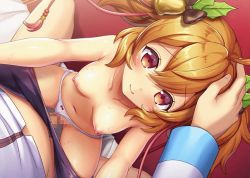 Rule 34 | 1boy, 1girl, age difference, animated, animated gif, bare shoulders, blonde hair, bouncing breasts, bow, bow panties, breasts, censored, clothing aside, collarbone, hand on another&#039;s head, hetero, kamihime project, medium hair, midriff, narrow waist, navel, nipples, panties, panties aside, pov, purple eyes, riding, sex, slender, small breasts, smile, underwear