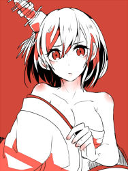 Rule 34 | 10s, 1girl, bare shoulders, breasts, itomugi-kun, kantai collection, looking at viewer, monochrome, pagoda, red background, short hair, simple background, solo, yamashiro (kancolle)