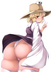 Rule 34 | 1girl, aged up, artist request, ass, blonde hair, blush, breasts, dress, from behind, hat, highres, huge ass, large breasts, looking at viewer, looking back, moriya suwako, panties, purple dress, shiny skin, short hair, sideboob, simple background, skindentation, smile, solo, thick thighs, thighhighs, thighs, thong, touhou, underwear, upskirt, v, white background, white thighhighs, yellow eyes