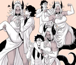 Rule 34 | 1boy, 1girl, alvida (peach88), armpits, bare shoulders, black horns, black tail, blush, breasts, bridal gauntlets, bride, carrying, choker, cleavage, closed eyes, commentary, demon girl, demon horns, demon tail, dress, elbow gloves, english commentary, flexing, formal, glasses, gloves, groom, heart, hero (peach88), hetero, highres, horns, husband and wife, interlocked fingers, jewelry, large breasts, long hair, long sleeves, looking at another, meme, monochrome, multiple views, muscular, muscular bride (meme), muscular female, necklace, necktie, open mouth, original, peach88, pink background, pointy ears, ponytail, princess carry, red eyes, sharp teeth, short hair, simple background, spot color, suit, tail, teeth, tongue, wedding dress