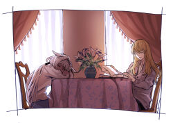 Rule 34 | 1boy, 1girl, alternate costume, animal ears, arm pillow, black pants, blonde hair, blue pants, book, caenis (fate), cardigan, casual, chair, closed eyes, curtains, dark-skinned female, dark skin, fate/grand order, fate (series), flower, grey cardigan, hair between eyes, hair intakes, hands up, horse ears, indoors, kirschtaria wodime, light smile, long hair, long sleeves, nail polish, on chair, open book, pants, ponytail, ponytail holder, round table, shirt, sitting, sleeping, sleeping upright, table, tablecloth, tassel, tsengyun, turning page, vase, white flower, white hair, white nails, white shirt, window