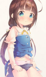 Rule 34 | 10s, 1girl, ahoge, blue dress, blue eyes, blush, bow, bow panties, brown background, brown hair, closed mouth, clothes lift, commentary request, dress, dress lift, hinatsuru ai, layered sleeves, long hair, long sleeves, looking at viewer, low twintails, panties, pink panties, pu-en, puffy short sleeves, puffy sleeves, pulling own clothes, ryuuou no oshigoto!, school uniform, short over long sleeves, short sleeves, sidelocks, simple background, solo, twintails, underwear, v-shaped eyebrows, very long hair