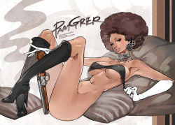 Rule 34 | 1girl, afro, boots, bottomless, breasts, brown hair, choker, dark skin, dark-skinned female, earrings, elbow gloves, english text, engrish text, glint, gloves, gun, high heels, hitowa, jewelry, knee boots, medium breasts, necklace, no panties, pam grier, ranguage, real life, real life insert, sawed-off shotgun, shoes, shotgun, solo, underboob, weapon
