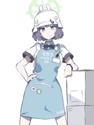 Rule 34 | 1girl, apron, badge, blue archive, blue eyes, bow, bowtie, box, breasts, button badge, closed mouth, collared shirt, feet out of frame, frown, halo, hand on own hip, helmet, highres, legs apart, looking at viewer, medium breasts, name tag, purple hair, saki (blue archive), shirt, short hair, short sleeves, simple background, solo, standing, straight hair, sweatdrop, uni gyoza, v-shaped eyebrows, watch, white background, white shirt, wristwatch