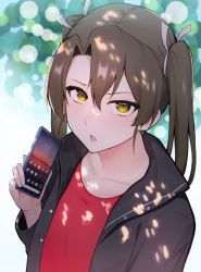 Rule 34 | 1girl, absurdres, alternate costume, black jacket, cellphone, grey hair, hair ornament, hair ribbon, highres, holding, holding phone, jacket, kantai collection, long hair, looking at viewer, open mouth, phone, red shirt, ribbon, shirt, smartphone, solo, takaman (gaffe), twintails, yellow eyes, zuikaku (kancolle)