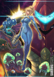 Rule 34 | 3girls, alien, armor, artist name, blonde hair, blue bodysuit, blue eyes, bodysuit, brain, breasts, closed eyes, closed mouth, commentary, covered navel, dragon, dual persona, english commentary, floating hair, full body, gun, hair tie, handgun, helmet, highres, holding, holding gun, holding weapon, kraid, legs together, long hair, looking at viewer, medium breasts, metroid, metroid: zero mission, metroid (creature), mike williams, monster, mother brain, multiple girls, nintendo, one-eyed, ponytail, power armor, red eyes, reptile, ridley, ruins test, samus aran, sharp teeth, shiny clothes, skin tight, sky, space, spikes, star (sky), starry sky, teeth, third eye, tongue, tongue out, varia suit, visor, watermark, weapon, web address, wings, yellow eyes, zero suit