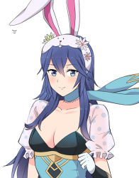 Rule 34 | 1girl, ameno (a meno0), animal ears, bad id, bad pixiv id, blue eyes, blue hair, blush, breasts, choker, cleavage, collarbone, fake animal ears, fire emblem, fire emblem awakening, gloves, hair between eyes, long hair, looking at viewer, lucina (fire emblem), lucina (spring) (fire emblem), medium breasts, nintendo, official alternate costume, rabbit ears, short sleeves, simple background, smile, solo, upper body, very long hair, white background, white gloves