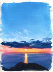 Rule 34 | blue sky, border, cloud, cloudy sky, day, highres, horizon, ocean, original, outdoors, painting (medium), sawitou mizuki, sky, sunset, traditional media, white border
