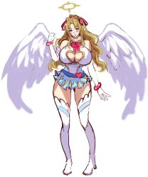 Rule 34 | 1girl, angel, angel wings, bad id, bad pixiv id, bare shoulders, belt, blonde hair, blue eyes, blush, bow, bowtie, bracelet, breasts, cleavage, cleavage cutout, clothing cutout, covered erect nipples, elbow gloves, frills, gloves, halo, heart, heart belt, heart cutout, highres, jewelry, large breasts, long hair, nbo, original, pink bow, red lips, simple background, sketch, smile, solo, standing, white background, white footwear, white gloves, wings
