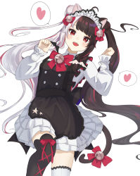 Rule 34 | 1girl, absurdres, ahoge, animal ears, asymmetrical legwear, bell, black dress, black hair, black thighhighs, blunt bangs, blush, buttons, cat ears, cat girl, cat tail, cowboy shot, double-breasted, dress, frilled skirt, frilled sleeves, frills, heart, highres, jingle bell, layered skirt, lolita fashion, long hair, long sleeves, looking at viewer, maid headdress, miniskirt, mismatched legwear, multicolored hair, nijisanji, open mouth, paw pose, pinafore dress, red eyes, ribbon, rui (ruui 09), shirt, short dress, silver hair, simple background, skirt, sleeveless, sleeveless dress, smile, solo, split-color hair, spoken heart, sweet lolita, tail, tail bell, tail ornament, tail ribbon, thighhighs, twintails, two-tone hair, virtual youtuber, w arms, white background, white shirt, white thighhighs, yorumi rena, yorumi rena (5th costume)