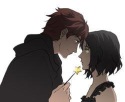 Rule 34 | 00s, 1boy, 1girl, baccano!, bad id, bad pixiv id, black hair, chane laforet, claire stanfield, forehead-to-forehead, heads together, igwa, red hair, short hair, smile, star (symbol), wand, yellow eyes