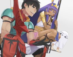 Rule 34 | 1boy, 1girl, 1other, arash (fate), black eyes, black hair, dark-skinned female, dark skin, fate/grand order, fate/prototype, fate (series), holding, holding staff, lempika, long hair, looking at another, looking to the side, medjed (fate), nitocris (fate), open mouth, pointy ears, purple eyes, purple hair, short hair, sleeveless, squatting, staff