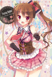 Rule 34 | &gt;:d, 1girl, :d, black gloves, bow, brown hair, cover, cover page, fingerless gloves, gloves, hair bow, hair ribbon, hisama kumako, long hair, looking at viewer, open mouth, original, pleated skirt, pointing, pointing at viewer, ponytail, red eyes, ribbon, skirt, smile, solo, v-shaped eyebrows