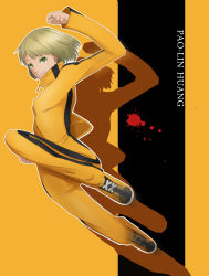 Rule 34 | 10s, 1girl, absurdres, bad id, bad pixiv id, blonde hair, bodysuit, bruce lee&#039;s jumpsuit, green eyes, highres, huang baoling, hyappi, jumping, motion blur, shoes, short hair, sneakers, solo, tiger &amp; bunny