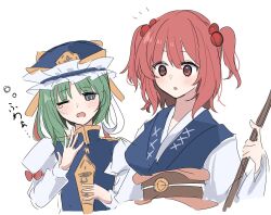 Rule 34 | 2girls, asymmetrical hair, blue hat, breasts, coin, d9ysbx288350, frilled hat, frills, green hair, hair bobbles, hair ornament, hat, highres, holding, looking at viewer, medium hair, multiple girls, obi, one eye closed, onozuka komachi, open mouth, red eyes, red hair, rod of remorse, sash, shiki eiki, short hair, simple background, touhou, translation request, two side up, upper body, white background, yawning