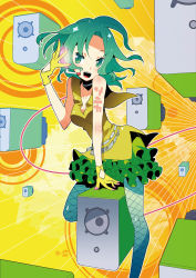 Rule 34 | amplifier, fishnet pantyhose, fishnets, frills, gloves, green eyes, green hair, hamamoto ryuusuke, highres, pantyhose, skirt, solo, sonika, thighhighs, vocaloid